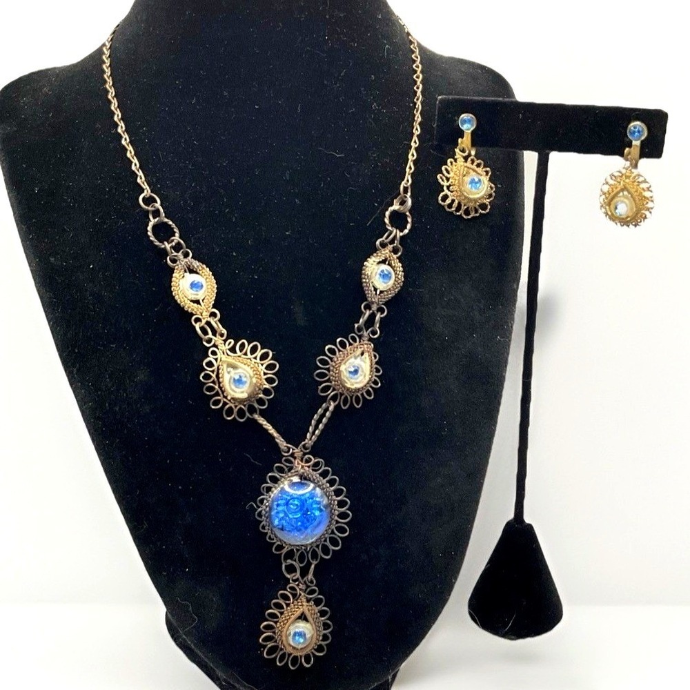 Vintage Wirework Necklace & Earrings Set Blue Glass Cabochons 17" w/ 2" Drop